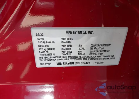 2022 Tesla Model Y Long Range Dual Motor All-Wheel Drive z USA, uszkodzony, nr VIN 7SAYGDEE9NF374421